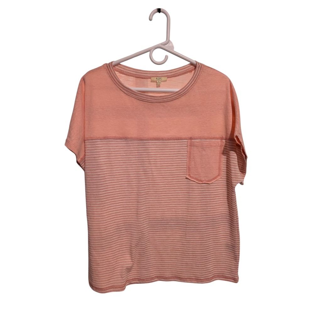 Kori America Peach Striped Colorblock‎ Pocket Tee Shirt Small Casual Boho Top